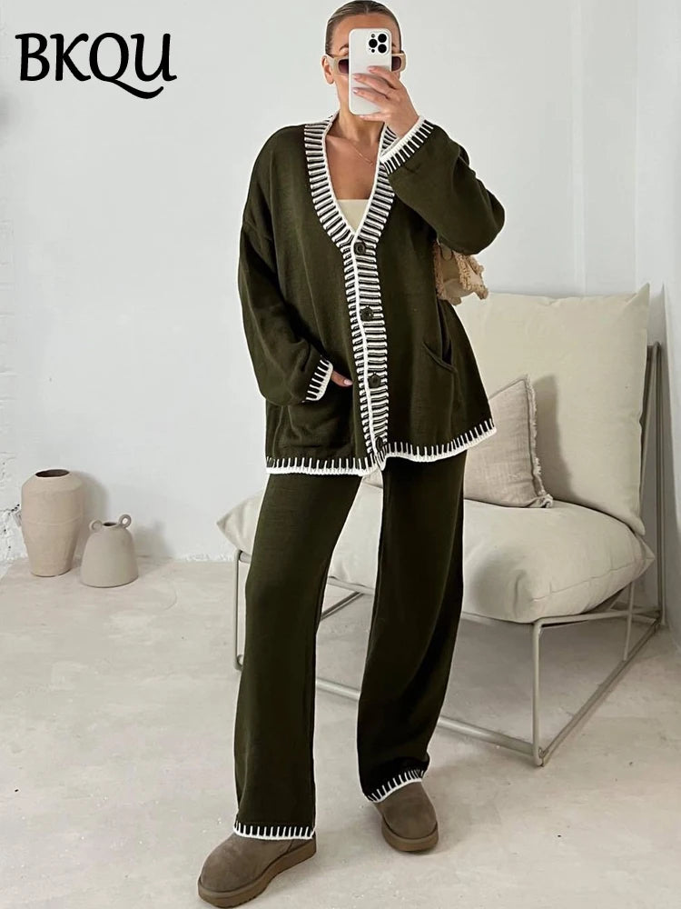 BKQU Knitted Two Piece Sets Women V-neck Button Cardigan Sweater Casual Wide Leg Pants Suits Autumn Winter Lady Tracksuit Outfit