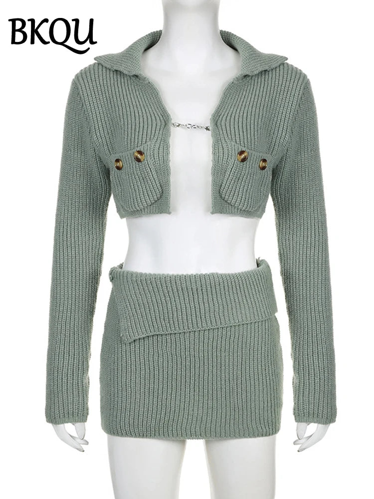 BKQU Knit Bodycon Mini Skirt 2 Piece Sets Women Sexy Chain Button Long Sleeve Cardigan Winter Elegant Party Sweater Skirt Suits