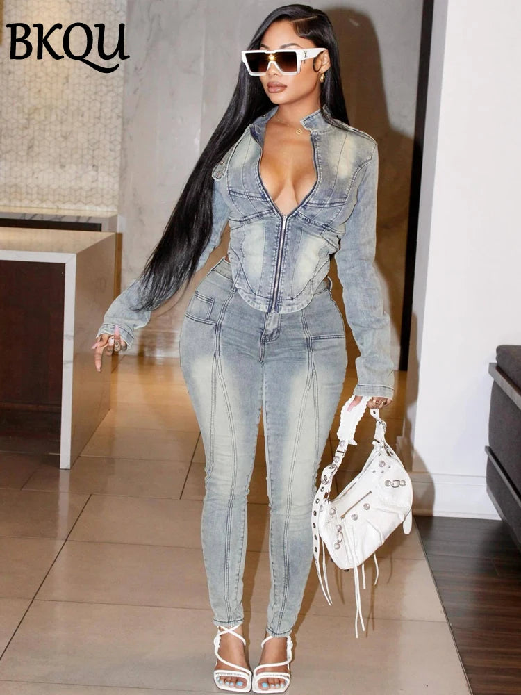 BKQU Denim Two Piece Pants Set Women Long Sleeve Zipper Short Jacket and Skinny Pencil Jeans Matching Suit 2024 Streetwear