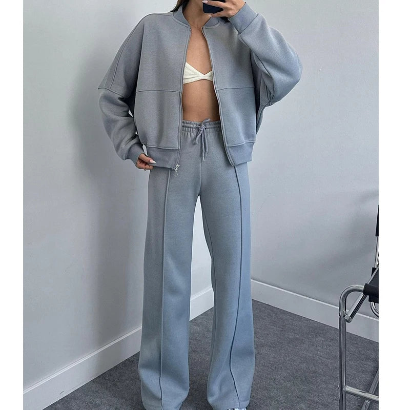BKQU Solid Pants Set Women's Tracksuit 2025  Long Sleeve Zipper Jacket and High Waist Wide Leg Pants Two Piece Set Autumn Winter