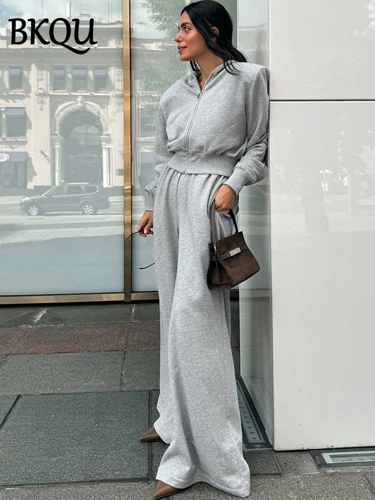 BKQU Casual Tracksuit Women's Hoodies Pants Two Piece Sets Long Sleeve Zipper Coat Wide Leg Pocket Trousers Fashion Lady Outfits