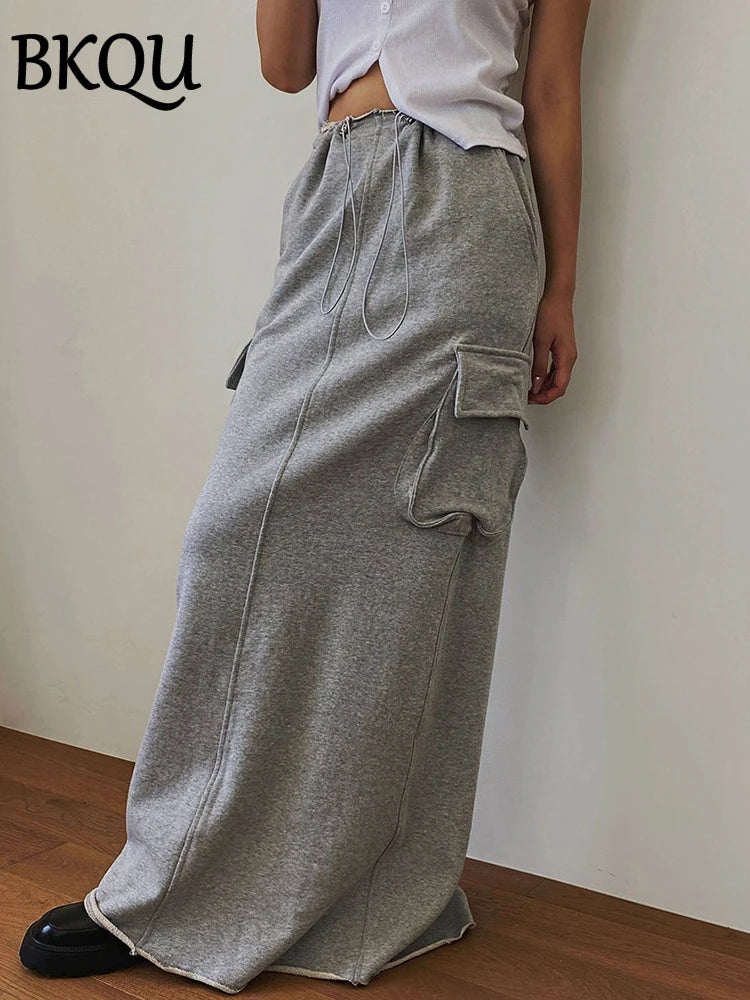 BKQU Pockets Adjustable Drawstring Split Long Skirt Women Fashion High Waist Straight Cargo Skirts 2024 Street Casual Maxi Skirt