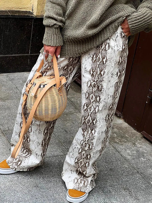 BKQU Snake Printed Fashion Straight Pants Women High Waist Pleated Loose Casual Wide Leg Trousers 2025 Spring Female Streetwear