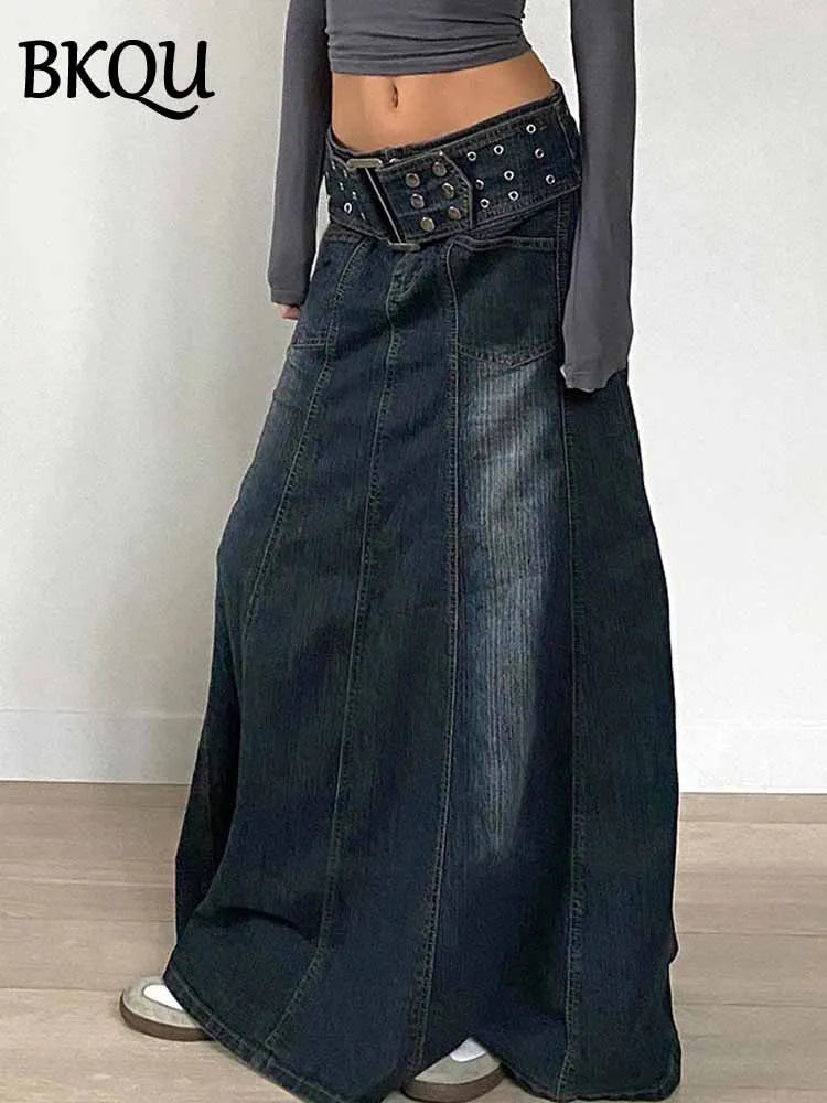 BKQU Vintage Rivet Belt Denim Skirt Women Low Waist A-Line Pockets Long Skirts Aesthetic Casual Y2k Baggy Jean Skirt 2025 Spring