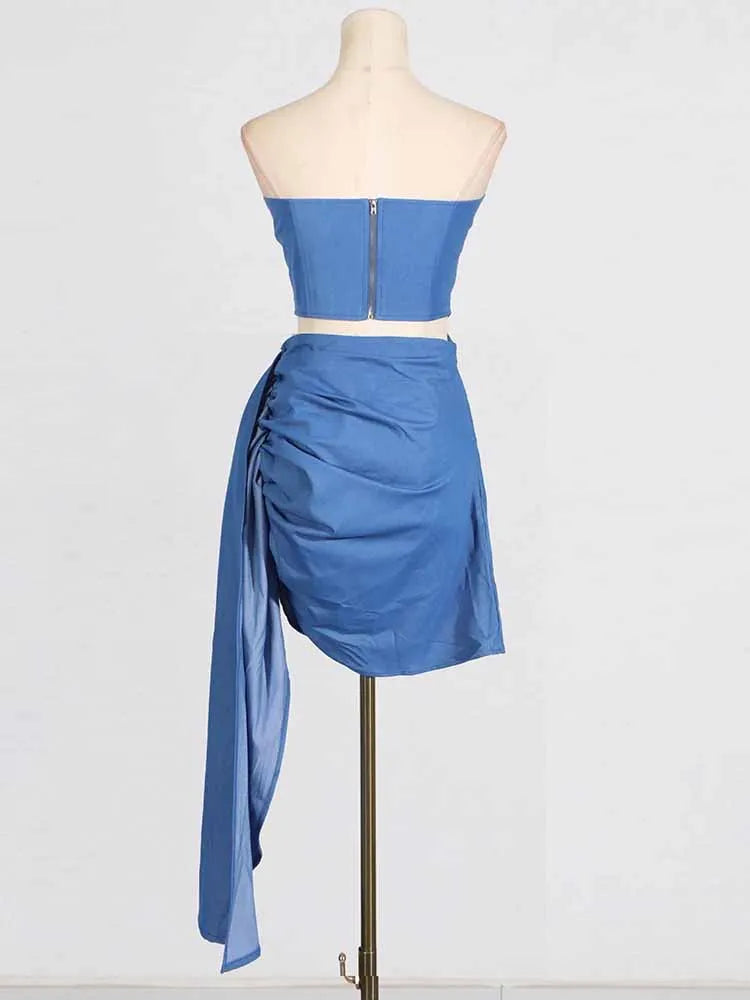 BKQU 2025 Fashion Two Piece Set Women Strapless Zipper Corset Tank Top High Waist Pleated Asymmetrical Skirt Female Sexy Outfits