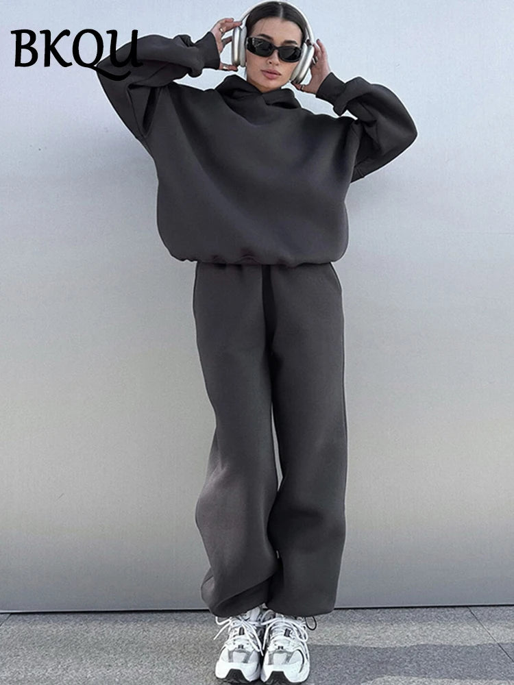 BKQU Solid Hoodies Two Piece Sets Women 2024 Autumn Winter Long Sleeve Hooded Sweatshirts Pullover and Sweatpants Matching Set