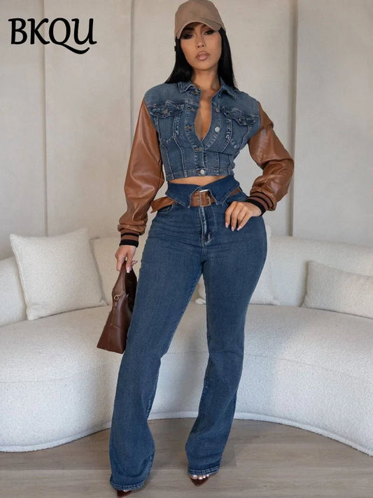 BKQU Leather Patchwork Stretch Denim Jacket Pants 2 Piece Set Women Trendy Buttons Crop Top High Waist Flare Jeans Suits 2025