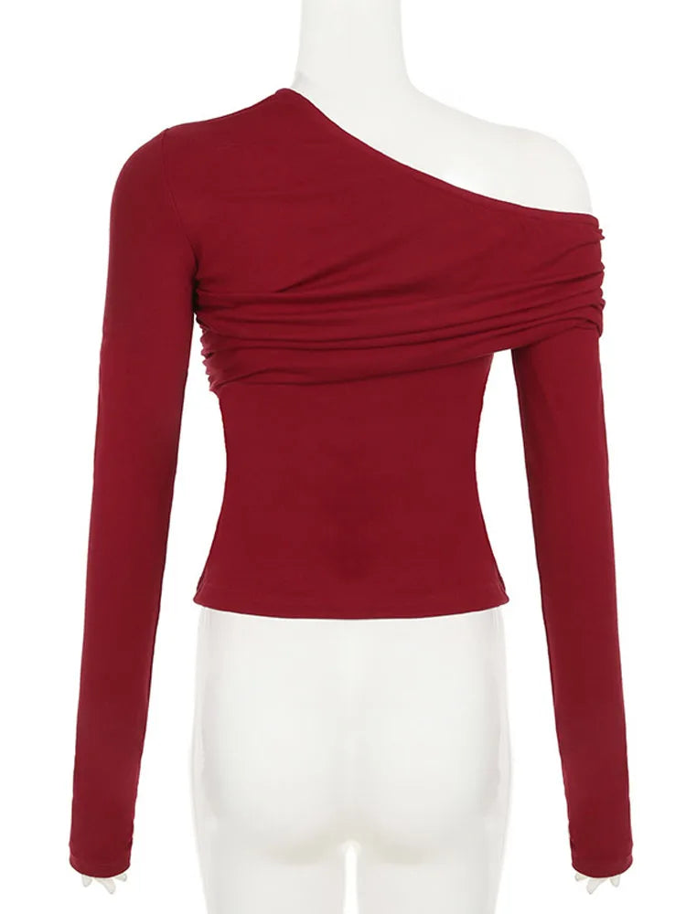 BKQU Red Off Shoulder Long Sleeve T-shirt Women's Elegant Slim Ruched Knitted Pullover Autumn/Winter Sexy Party Cropped Tops Y2k