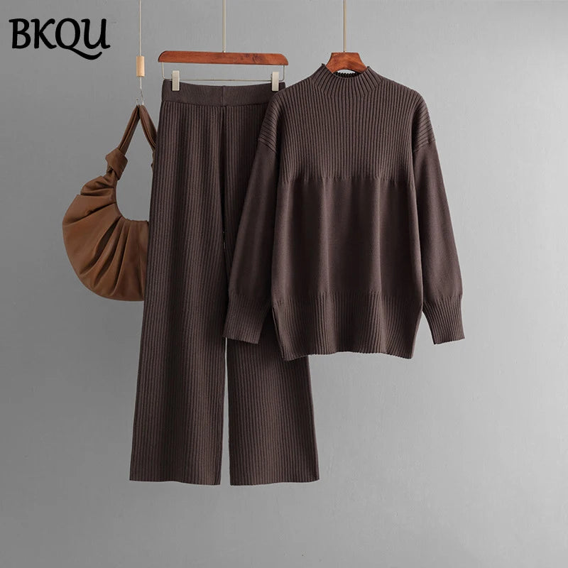 BKQU Loose Knitted 2 Pieces Women Sets Half Turtleneck Split Sweater and Wide Leg Pants Suits Winter Autumn Warm Knit Tracksuit