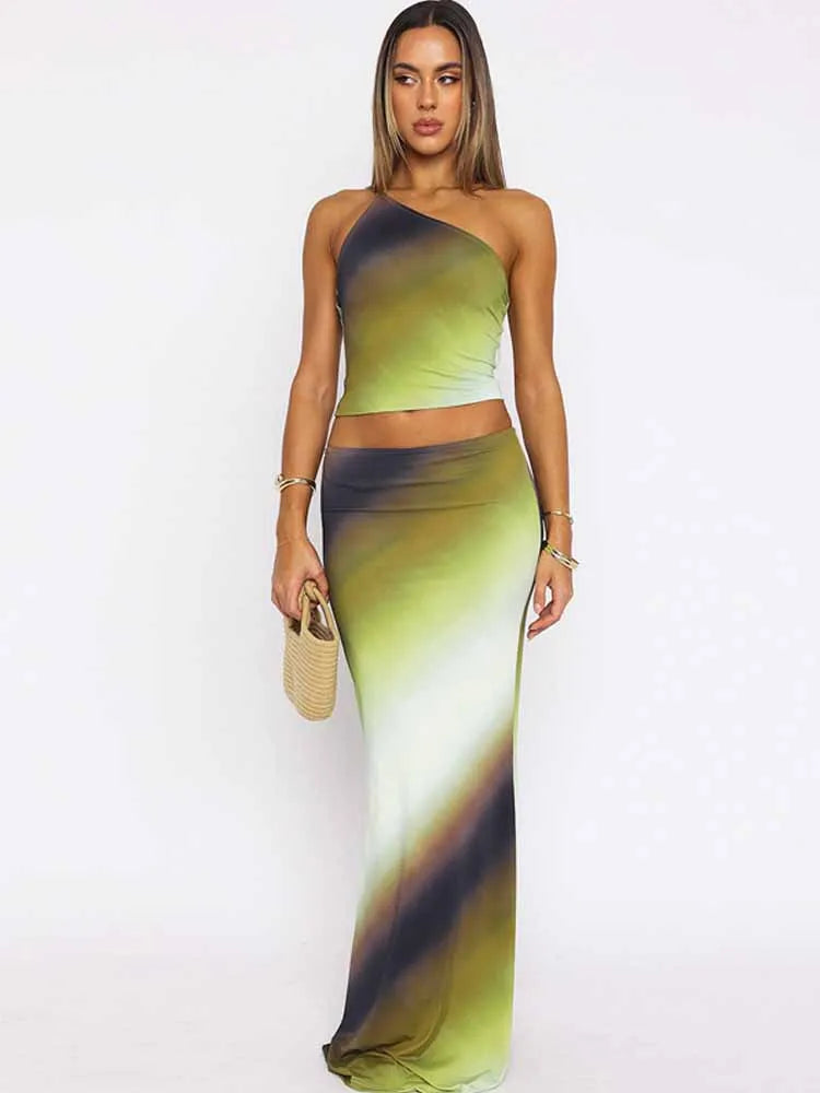 BKQU Summer Tie Dye 2 Piece Set Women Sexy One-Shoulder Backless Tank Top And Long Skirt Matching Set Y2K Beach Vacation Outfits