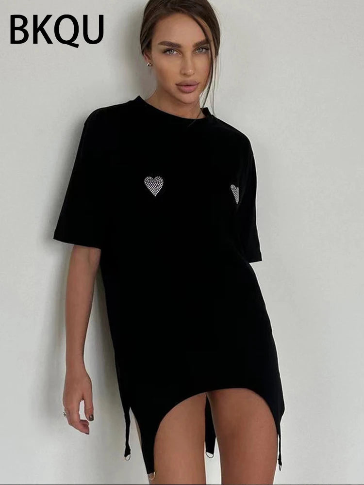 BKQU Rhinestone Loose T-Shirts Women 2024 Irregular Short Sleeve O-neck Fashion Tees Pullovers Hot Diamond Female Y2K Streetwear