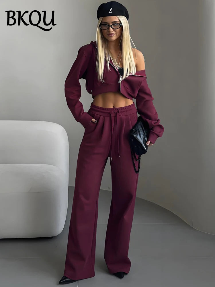 BKQU Fashion Two Piece Women Hoodie Pants Set Casual Long Sleeve Zip Up Jacket Sweatshirt Suit Baggy Sweatpants Woman Tracksuit
