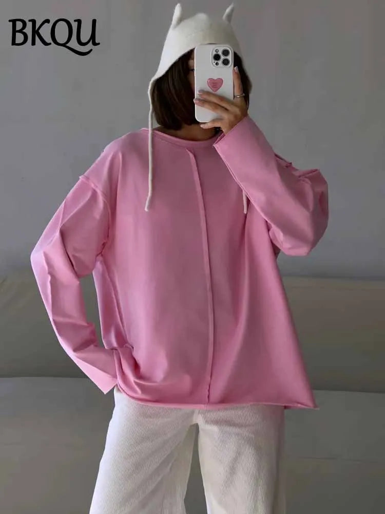 BKQU Oversize Cotton Long Sleeve T-Shirt Women Solid Color O-neck Casual Basic Tees 2025 Spring Knitted Soft Loose Pullover Tops