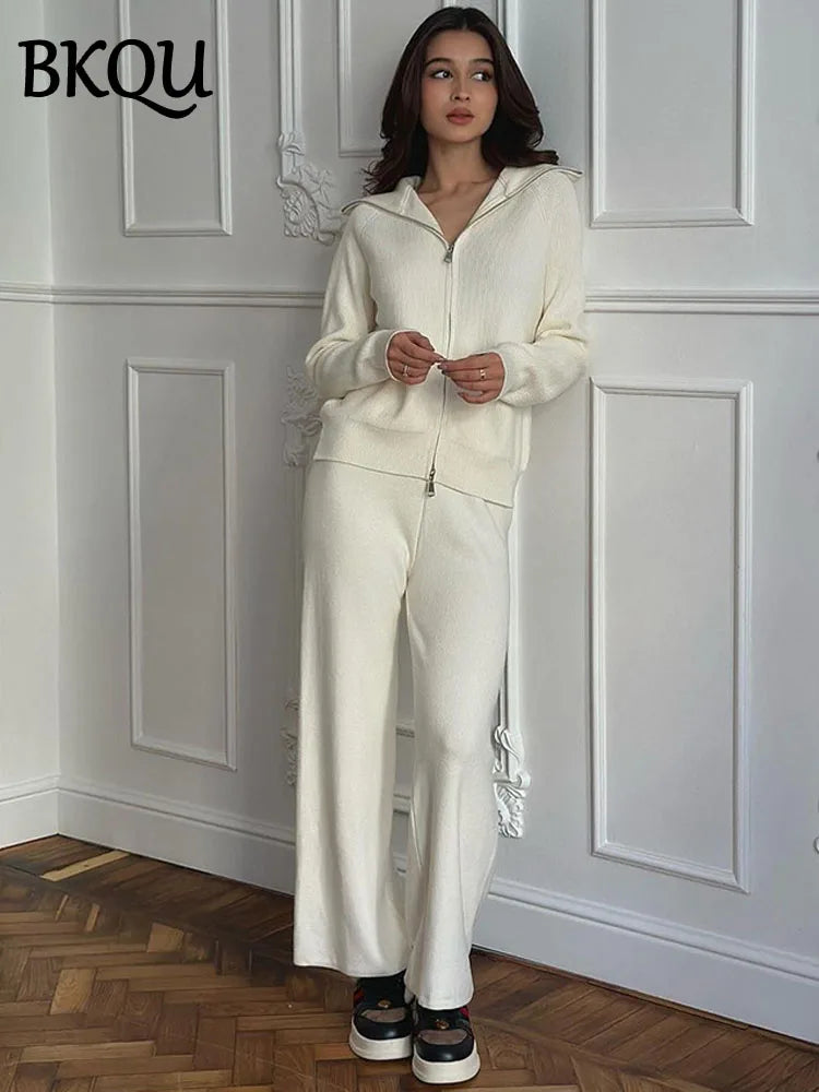 BKQU Sweater Cardigan Pants 2 Pieces Sets Women Casual Solid Zipper Jackets Wide Leg Trousers Autumn Winter Knitted Tracksuit