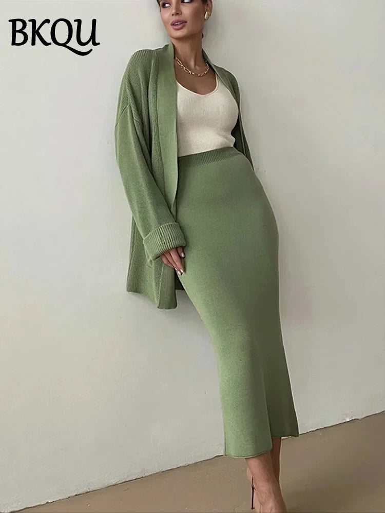 BKQU Elegant Knitted Skirt Two Piece Set Women V-neck Cardigan Coat Elastic Waist Bodycon Skirts Ladies Casual Warm Sweater Suit