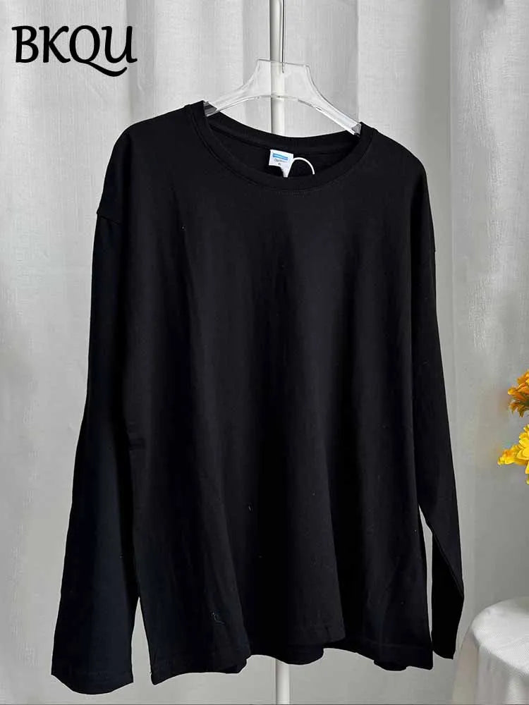 BKQU Solid Color Long Sleeve T Shirt Women Oversized Basic O-neck Cotton Tops Female Casual Soft Loose Pullover Tshirt 13 Colors