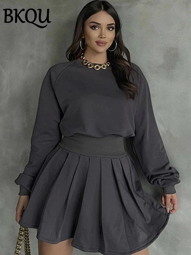 BKQU Pleated Skirt 2 Piece Set Women Casual Tracksuit Long Sleeves Sweatshirt and High Waist Mini Skirts Matching Outfits Autumn