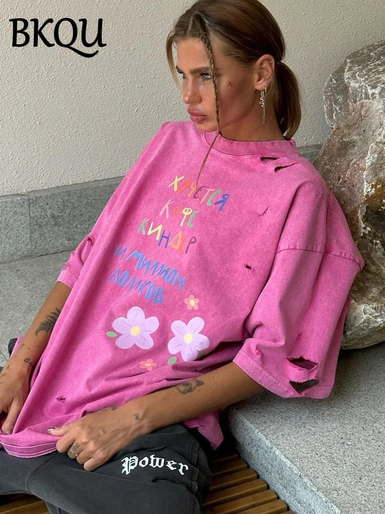 BKQU Cartoon Graphic Printed T Shirt Women Ripped Half Sleeve O-neck Tee Shirts Letter Loose Oversized y2k Pullovers Streetwear