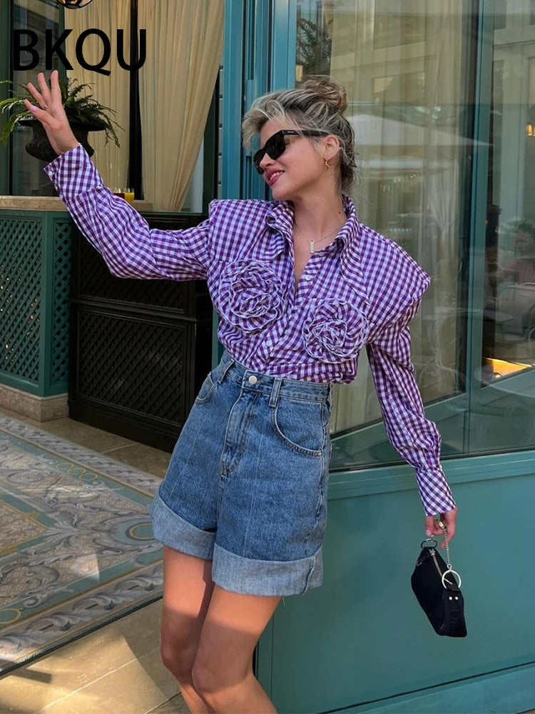 2024 New 3D Three-Dimensional Floral Blouses Women Elegant Long Sleeve Lapel Plaid Shirt Jacket Buttons Wide Shoulder Blouse Top