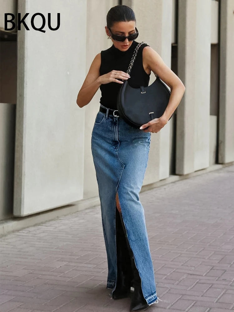 BKQU New Front Slit Denim Skirts Women 2023 Casual High Waist Office Lady Long Skirt Streetwear Blue Frayed Raw Hem Jean Skirt