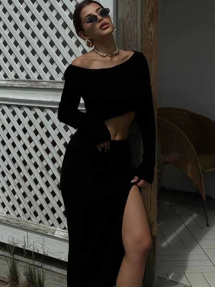 BKQU Knit Hollow Out Skirt 2 Piece Set Women Long Sleeve O-Neck Top Elegant Split Bodycon Maxi Skirt Set 2025 Lady Street Outfit