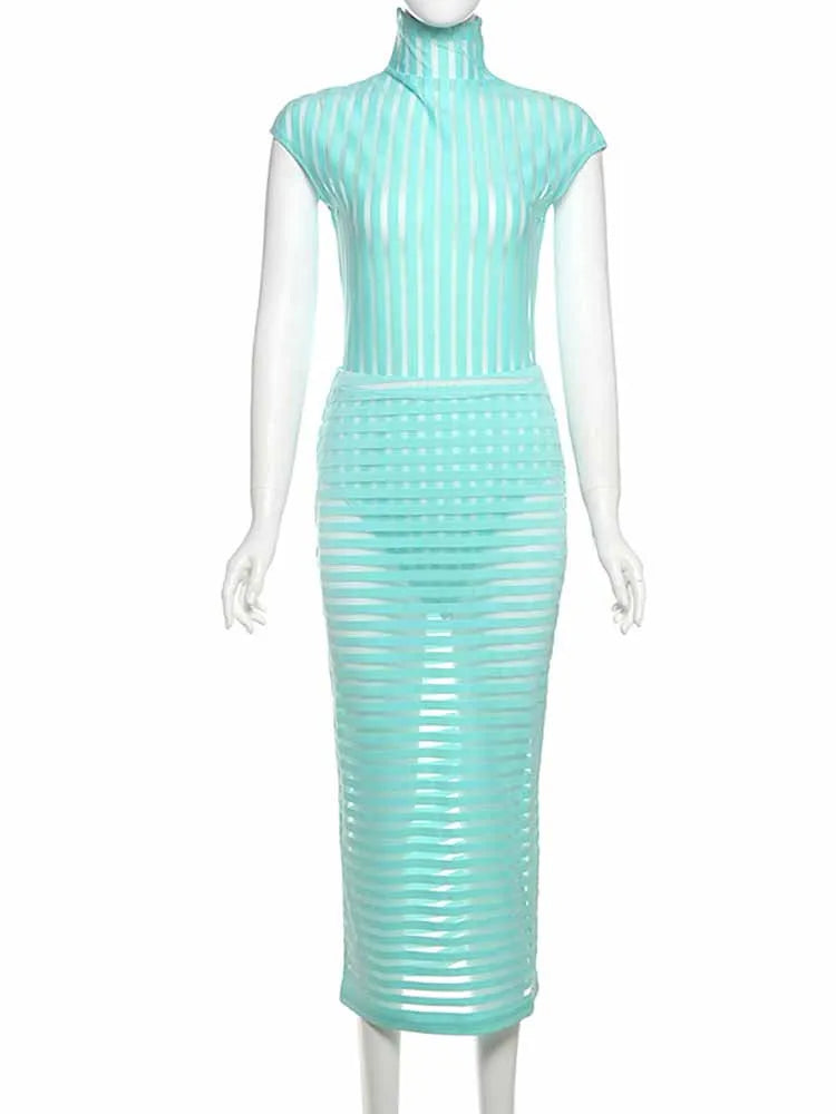 BKQU Stripe Women Sexy Matching 2 Piece Set Summer Short Sleeve Bodysuit Tops Elegant Slim Long Skirt See Through Vacation Suits