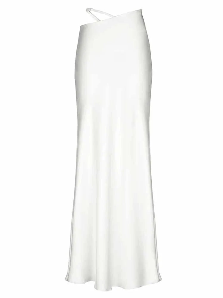 BKQU Elegant Satin Long Skirt Women 2025 Summer Classics Fashion High Waist Slim Hollow Out Maxi Skirts Female Y2k Party Skirts