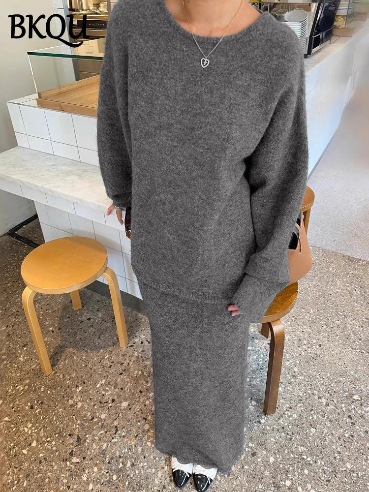 BKQU Casual Knitted Women's Two Piece Sets Long Sleeve Backless Pullover Sweater Elastic Slim Maxi Skirts 2024 Winter Lazy Suits