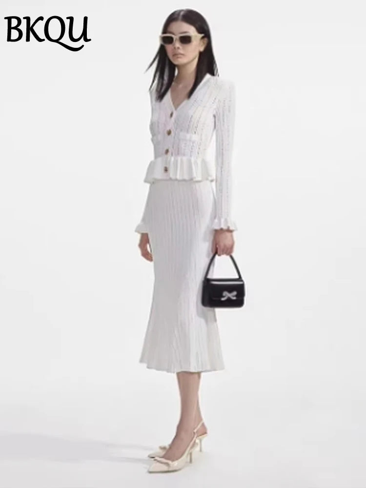 BKQU 2 Pieces Elegant Knit Women's V-neck Ruffles Single Breasted Sweater Slim Long Mermaid Skirt Set Winter Luxury Party Outfit