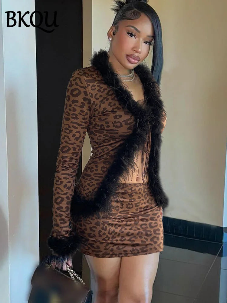 BKQU Leopard Print Sexy Lace Up Cardigan Mini Skirts 2 Piece Set Women Feather Patchwork Tops Bodycon Skirts y2k Party Clubwear