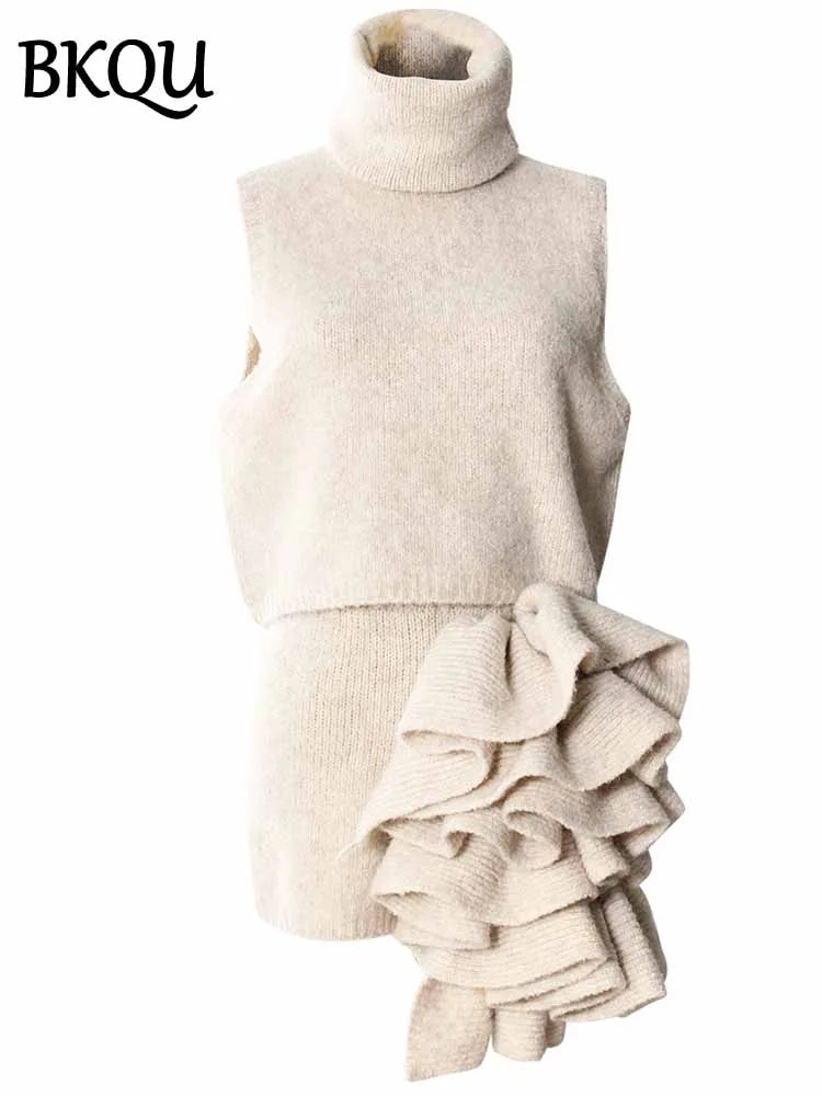BKQU Knitted 3 Piece Set Women Temperament Long Sweater Cardigan Turtleneck Sleeveless Vest 3D Flower Mini Skirts Chic Sets 2025