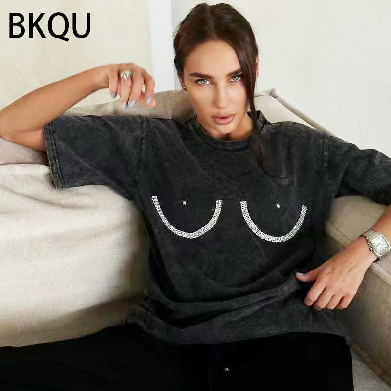 BKQU Rhinestone Loose T shirts for Women 2024 Harajuku Goth Graphic Short Sleeve O-neck Hot Diamonds Female Tees Pullovers Retro