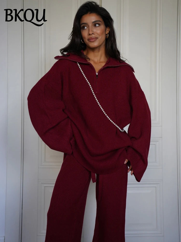 BKQU Fashion Solid Knitted Pants 2 Piece Set Women Casual Lapel Half Zip Pullover Sweater High Waist Wide Leg Pants Ladies Suits