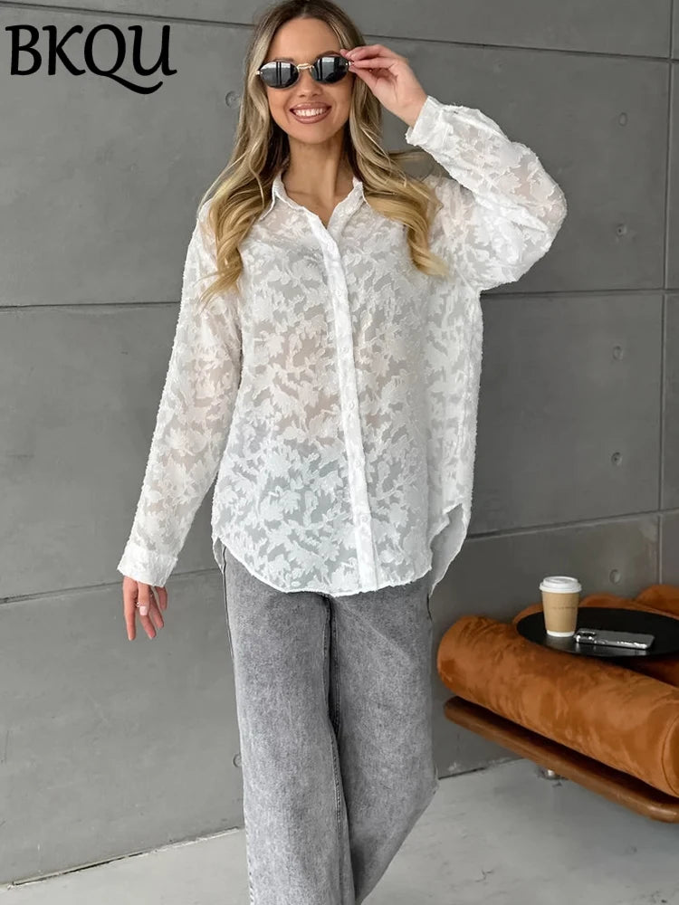BKQU Mesh Patchwork Jacquard Shirts Women Office Long Sleeve Blouse 2024 Summer Autumn Sexy Single-breasted Loose Tees Shirt