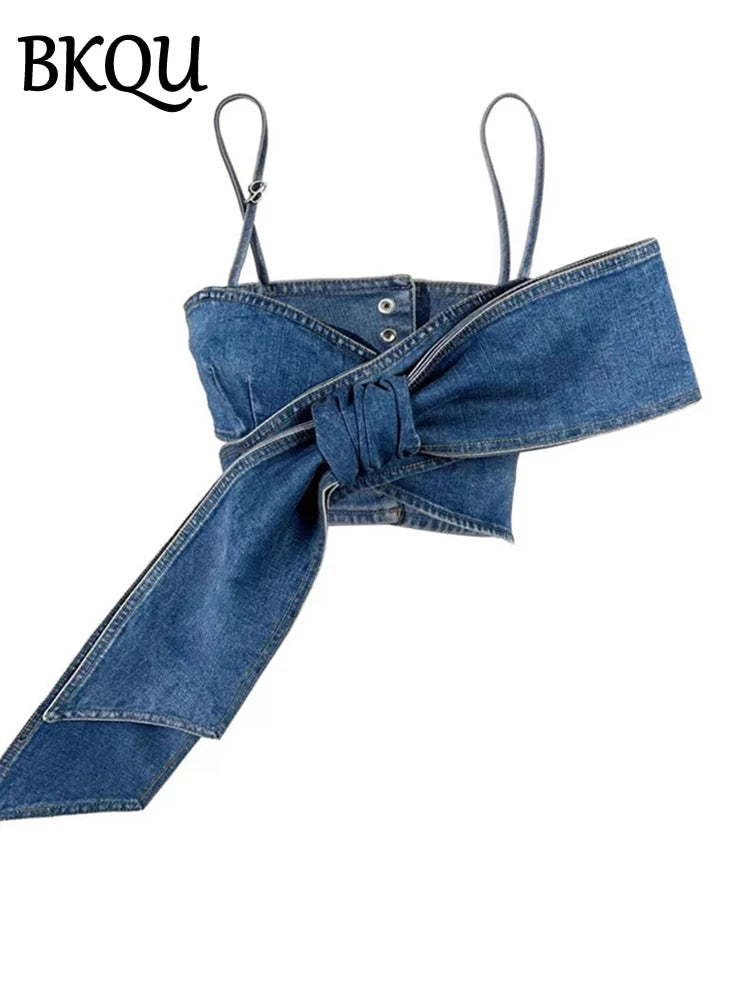 BKQU Women's Micro Skirts Summer Bow Design High Waist Denim Mini Skirts 2024 Sexy Party Nightclub A-line Wrap Penceil Skirt
