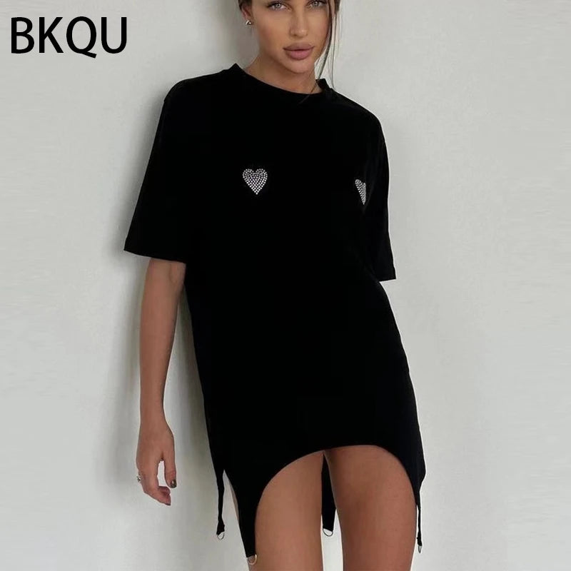 BKQU Rhinestone Loose T shirts for Women 2024 Harajuku Goth Graphic Short Sleeve O-neck Hot Diamonds Female Tees Pullovers Retro