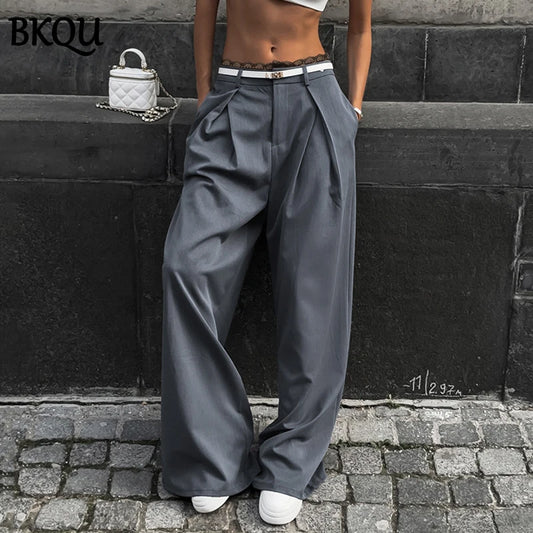 BKQU Gray Baggy Suit Pants Woman Lace Patchwork Korean Fashion Office Ladies Wide Leg Trousers 2024 Streetwear Oversized Slacks