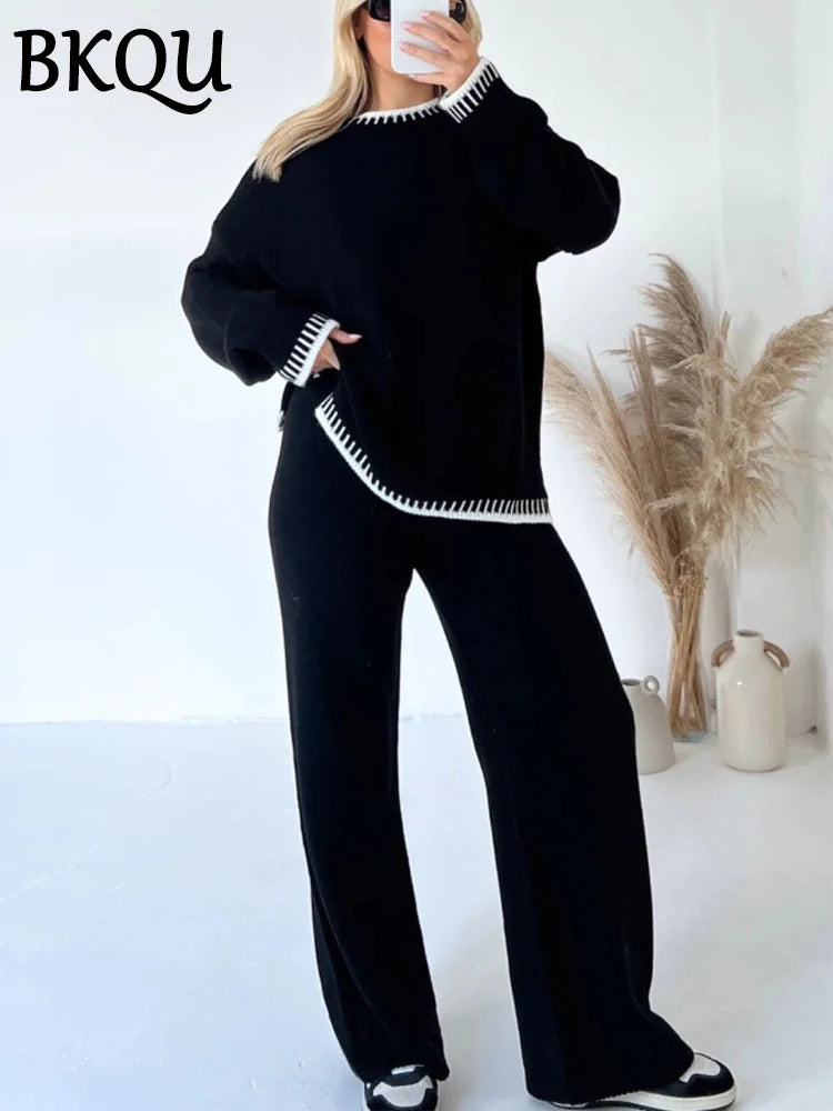 BKQU Knitted Pants Set Women Striped Two Piece Sets Clothes Side Split Sweater and Wide Leg Straight Pants Suit Casual Homewear