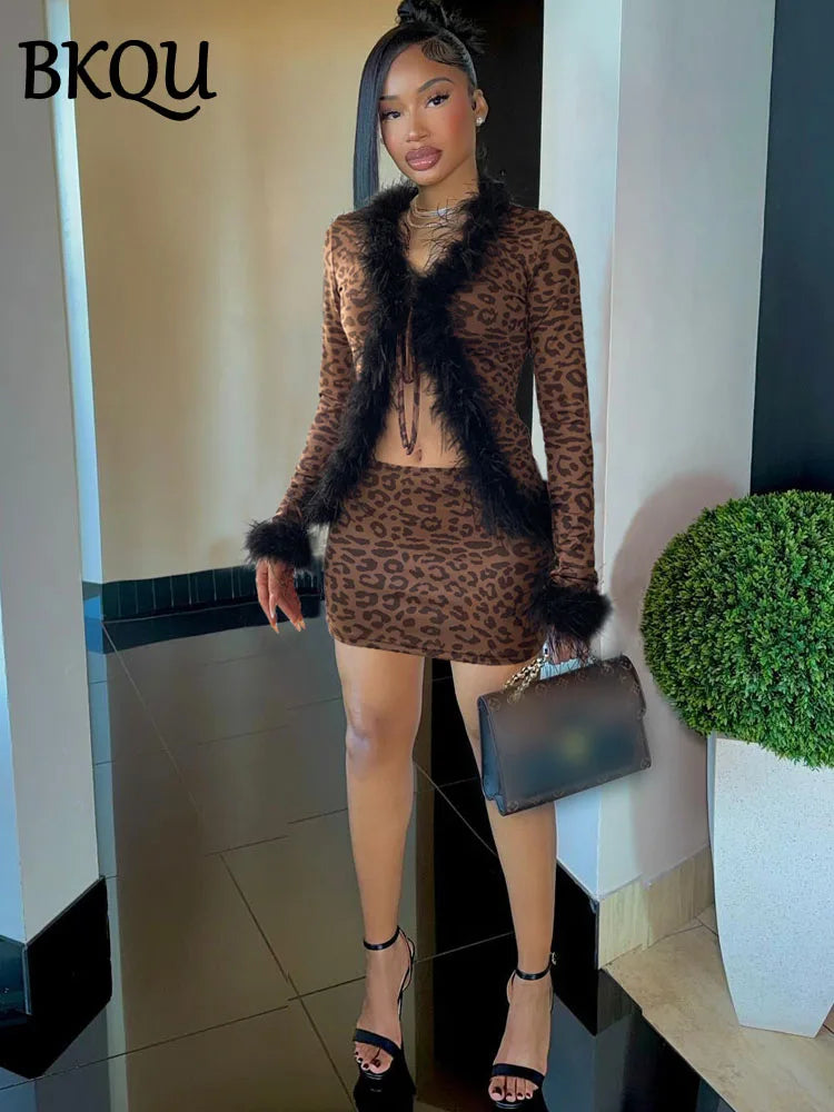 BKQU Leopard Print Sexy Lace Up Cardigan Mini Skirts 2 Piece Set Women Feather Patchwork Tops Bodycon Skirts y2k Party Clubwear