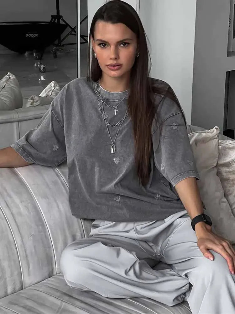 BKQU 100% Cotton Washed T-Shirts Loose Rhinestone Heart Women Summer Fashion O-Neck Short Sleeve Tees Y2k Female Vintage Clothes