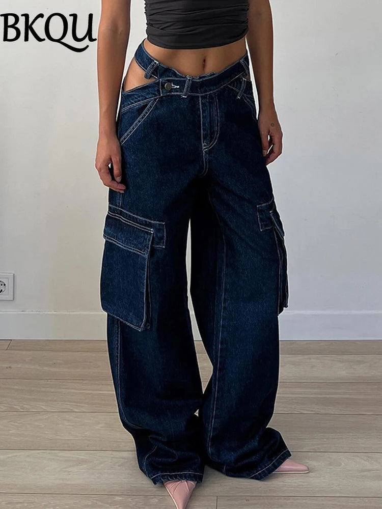BKQU Wide Leg Cargo Jeans Women Low Waist Hollow Out Y2K Punk Baggy Pockets Straight Denim Pants Vintage Hip Hop Streetwear 2024