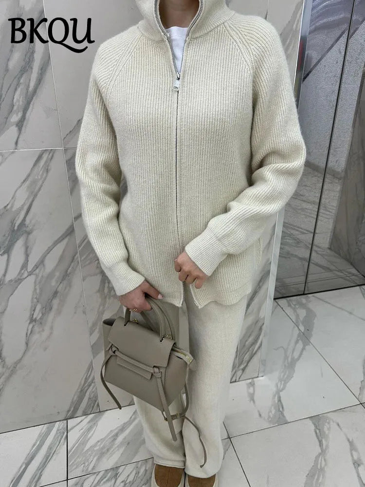 BKQU Sweater Cardigan Pants 2 Pieces Sets Women Casual Solid Zipper Jackets Wide Leg Trousers Autumn Winter Knitted Tracksuit
