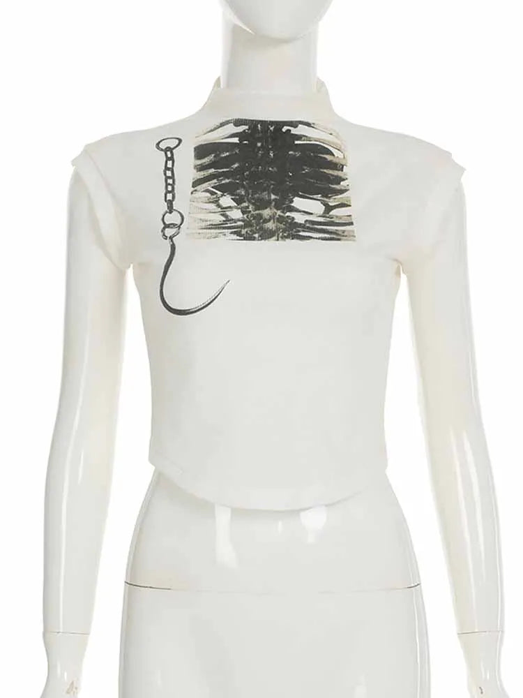 BKQU Vintage Print Graphic T Shirts Women Y2k Aesthetic Skinny Crop Top Summer Casual White Knitted Short Sleeve Basic Tees 2025