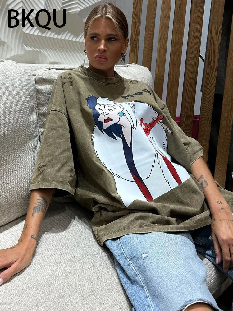 BKQU Cartoon Graphic Printed T Shirt Women Ripped Half Sleeve O-neck Tee Shirts Letter Loose Oversized y2k Pullovers Streetwear