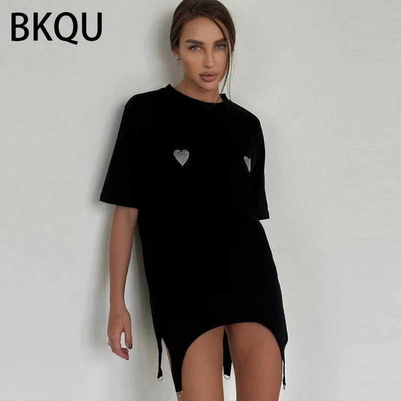 BKQU Rhinestone Loose T shirts for Women 2024 Harajuku Goth Graphic Short Sleeve O-neck Hot Diamonds Female Tees Pullovers Retro