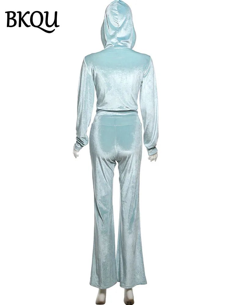 BKQU Hoodie Velvet Tracksuit 2 Piece Sets Women Casual Zip Up Ruched Pocket Jacket+Drawstring Flare Pants Streetwear Y2k Outfits