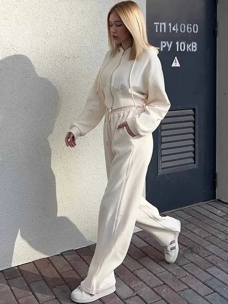 BKQU Casual Hoodies Tracksuit Women Pants 2 Piece Set Long Sleeve Zipper Sweatshirt Loose Drawstring Jogger Trouser Sports Suit