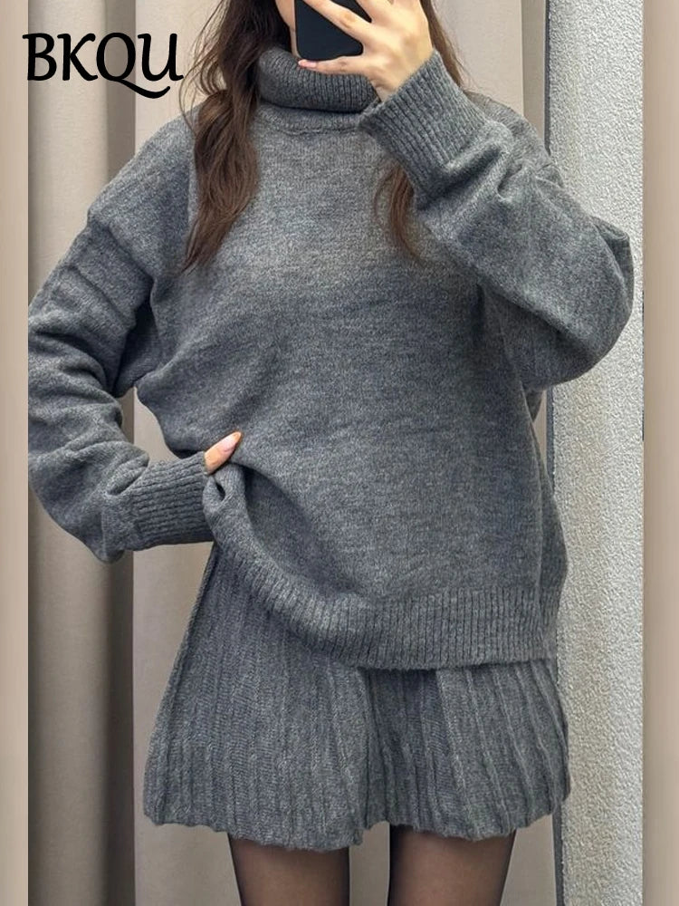 BKQU Elegant Pleated Mini Skirt 2-piece Set Women Fashion Loose Turtleneck Sweater Elastic High Waist A-Line Knitted Skirt Set