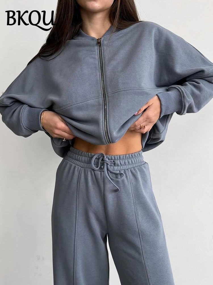 BKQU Bomber Jacket Pants Women Two Pieces Set Casual Long Sleeve Zipper Sweatshirt+Lace-up Trousers Suit Chic Autumn Sportwear