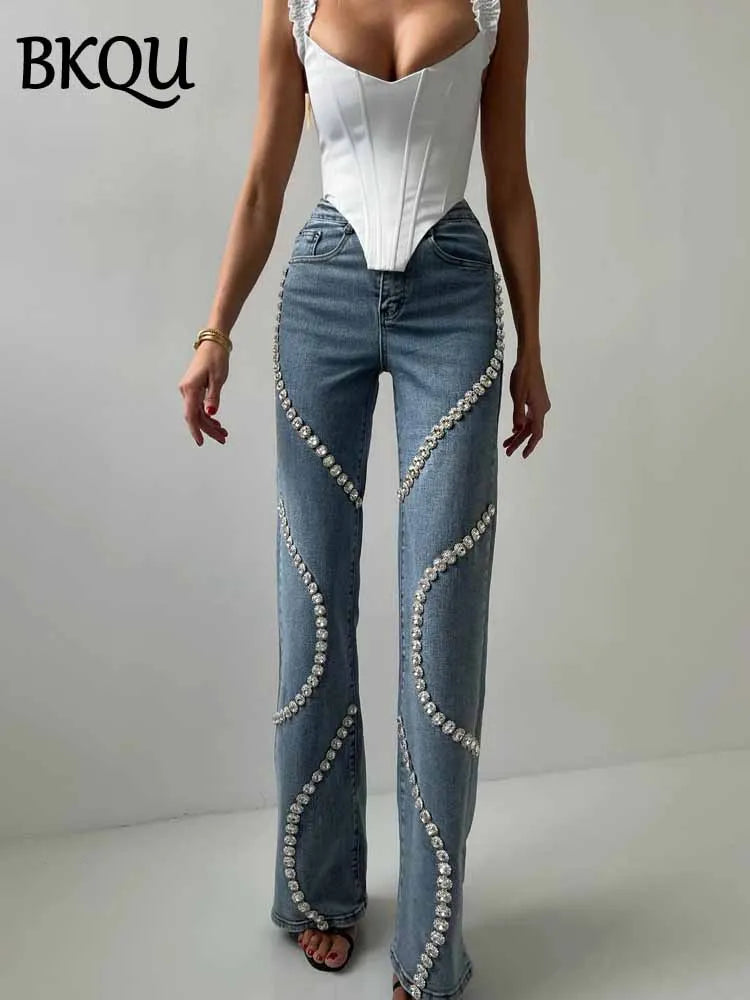 BKQU Rhinestone Straight Jeans Women 2025 Spring New Trendy Loose High Waist Denim Pants Chic Surround Diamond Y2k Unique Jeans